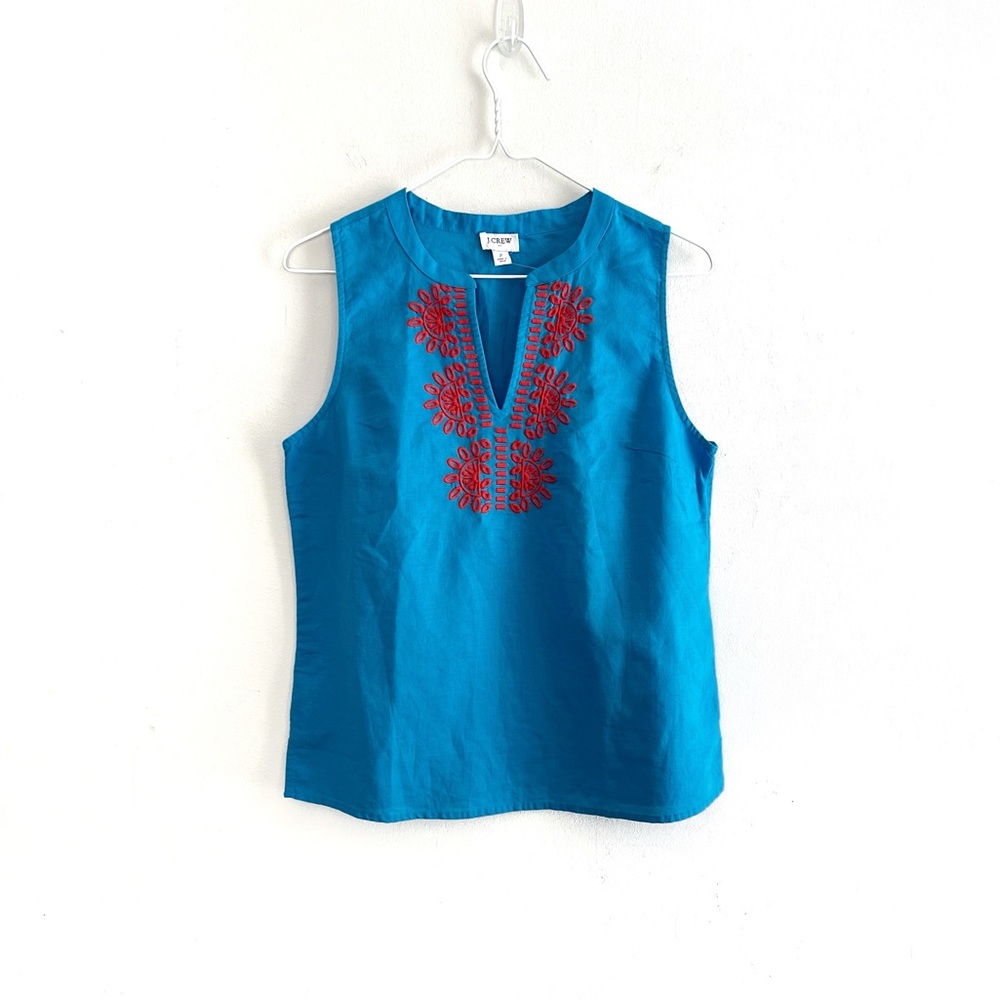 J. Crew Factory Embroidered Bib Top Linen Cotton Blend